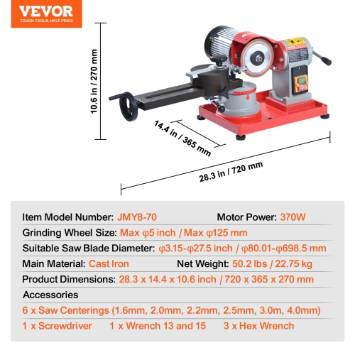 VEVOR 370W Circular Saw Blade Sharpener,Rotary Angle Mill Grinder, 3600RPM Saw Blade Grinding Sharpening with 6 Saw Centerings, 5-inch Grinding Wheel
