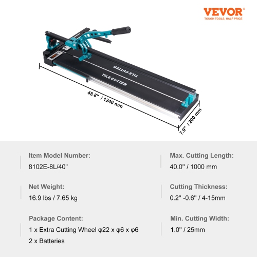 VEVOR 40 inch Manual Tile Cutter, Porcelain Ceramic Tile Cutter with Tungsten Carbide Cutting Wheel, Infrared Positioning, Anti-Skid Feet, Durable