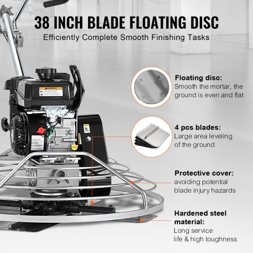 VEVOR 38" Power Trowel, Walk-Behind Cement Trowel with Float Pan, 6HP Gas-Powered Smooth Concrete Surface Finisher, Heavy Duty Screed Concrete Cement