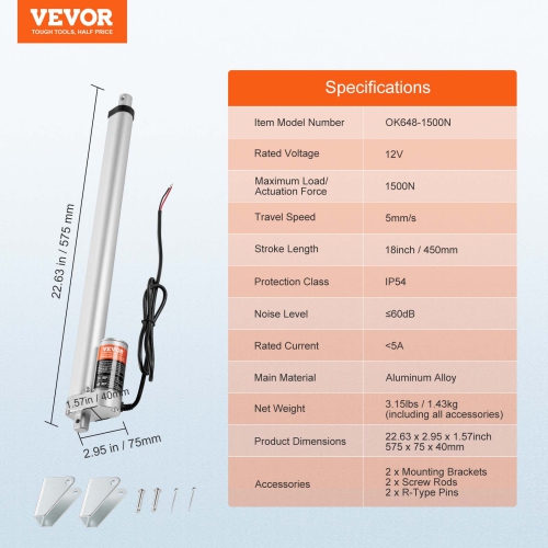 VEVOR 12V Linear Actuator, 18 Inch High Load 330lbs/1500N Linear Actuator, 0.19"/s Linear Motion Actuator with Mounting Bracket and IP54 Protection