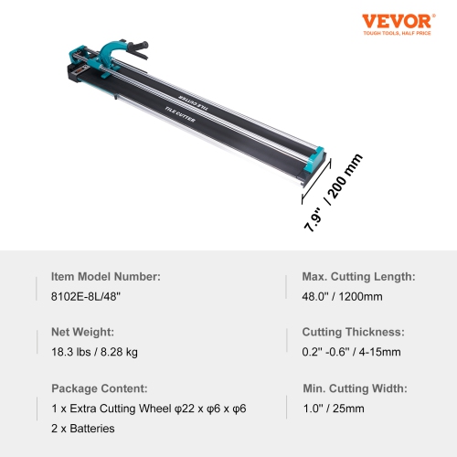 VEVOR 48 inch Manual Tile Cutter, Porcelain Ceramic Tile Cutter with Tungsten Carbide Cutting Wheel, Infrared Positioning, Anti-Skid Feet, Double