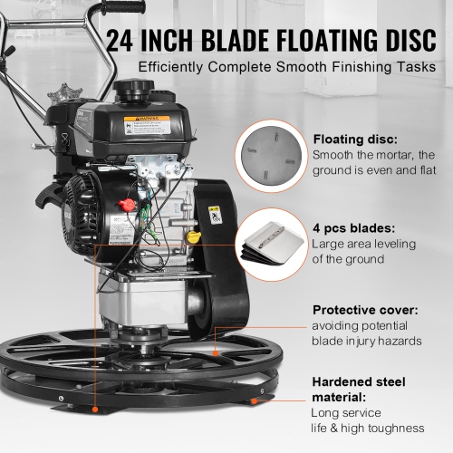 VEVOR 24" Power Trowel, Walk-Behind Cement Trowel with Float Pan, 6HP Gas-Powered Smooth Concrete Surface Finisher, Heavy Duty Screed Concrete Cement