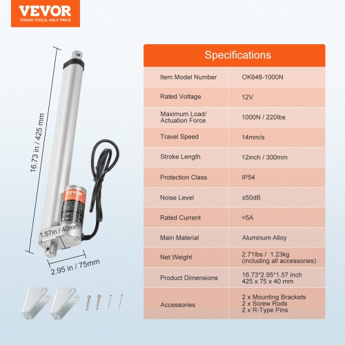 VEVOR 12V Linear Actuator, 12 Inch High Speed 0.55"/s Linear Actuator, 220lbs/1000N Linear Motion Actuator with Mounting Bracket and IP54 Protection