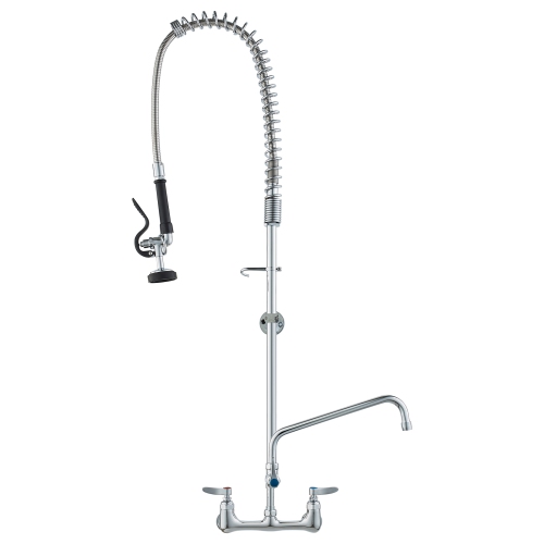 VEVOR 47" Tall Wall-Mounted Kitchen Faucet, 8" Apart, with 12" Rotating Spout and Pre-Rinse Spray, Brass Build, Pull-Down Feature for