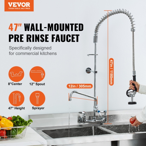 VEVOR 47" Tall Wall-Mounted Kitchen Faucet, 8" Apart, with 12" Rotating Spout and Pre-Rinse Spray, Brass Build, Pull-Down Feature for