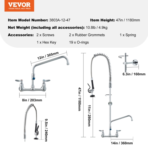 VEVOR 47" Tall Wall-Mounted Kitchen Faucet, 8" Apart, with 12" Rotating Spout and Pre-Rinse Spray, Brass Build, Pull-Down Feature for