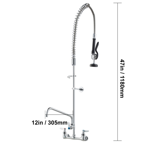 VEVOR 47" Tall Wall-Mounted Kitchen Faucet, 8" Apart, with 12" Rotating Spout and Pre-Rinse Spray, Brass Build, Pull-Down Feature for