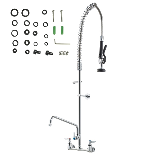 VEVOR 47" Tall Wall-Mounted Kitchen Faucet, 8" Apart, with 12" Rotating Spout and Pre-Rinse Spray, Brass Build, Pull-Down Feature for