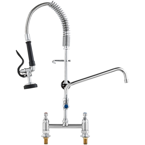VEVOR 26" Height Commercial Faucet with Pre-Rinse Sprayer, 8" Center, 12" Swing Spout, Deck Mount Kitchen Sink Faucet, Brass Constructed Device, for
