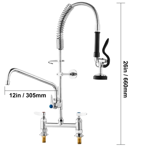 VEVOR 26" Height Commercial Faucet with Pre-Rinse Sprayer, 8" Center, 12" Swing Spout, Deck Mount Kitchen Sink Faucet, Brass Constructed Device, for