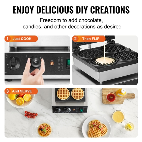 VEVOR 4PCS Commercial Waffle Maker, Round Waffle Baker Machine,1750W Non-Stick Stainless Steel Belgian Waffle Iron with Temperature and Time