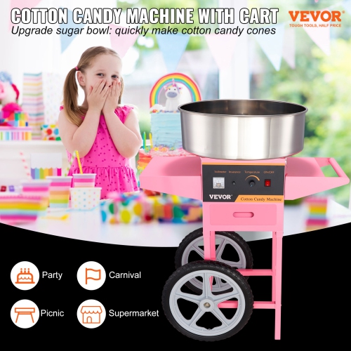 VEVOR 1000W Electric Cotton Candy Machine with Cart, Commercial Floss Maker with Stainless Steel Bowl, Sugar Scoop and Drawer, Perfect for Home, Kids