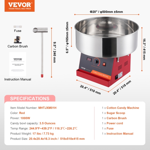 VEVOR 1000W Electric Cotton Candy Machine, Candy Floss Maker, Commercial Cotton Candy Machine with Stainless Steel Bowl, and Sugar Scoop, Perfect for