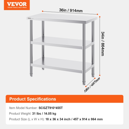 VEVOR 18 x 36 x 34 Inch Stainless Steel Food Prep Table, Commercial Kitchen Worktable, with 2 Adjustable Undershelf, Heavy Duty Prep Table Metal Work