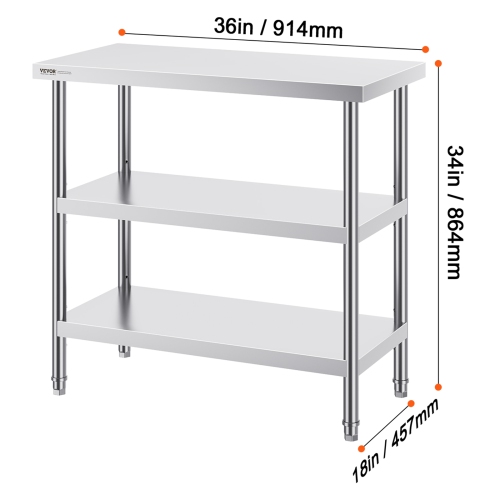 VEVOR 18 x 36 x 34 Inch Stainless Steel Food Prep Table, Commercial Kitchen Worktable, with 2 Adjustable Undershelf, Heavy Duty Prep Table Metal Work