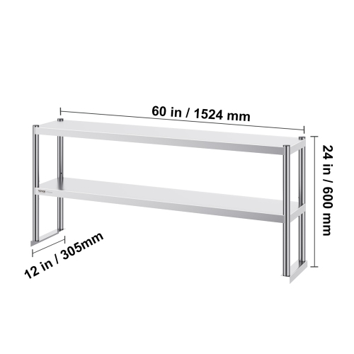 VEVOR 12 x 60 Inch Double Overshelf, Double Tier Stainless Steel Overshelf, Double Deck Overshelf, Height Adjustable Overshelf Prep Work Table for