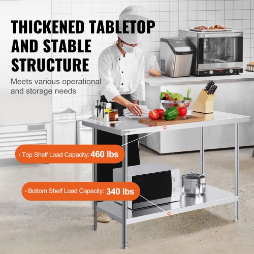 VEVOR 24 x 48 x 34 Inch Stainless Steel Prep Table, Heavy Duty Metal Worktable with 3 Adjustable Height Levels, Commercial Workstation for Kitchen