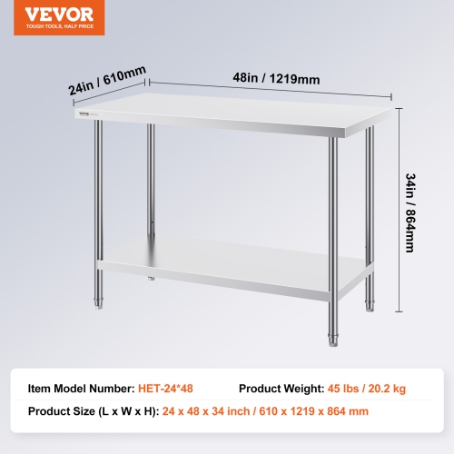 VEVOR 24 x 48 x 34 Inch Stainless Steel Prep Table, Heavy Duty Metal Worktable with 3 Adjustable Height Levels, Commercial Workstation for Kitchen