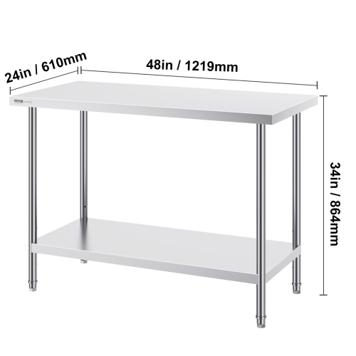 VEVOR 24 x 48 x 34 Inch Stainless Steel Prep Table, Heavy Duty Metal Worktable with 3 Adjustable Height Levels, Commercial Workstation for Kitchen