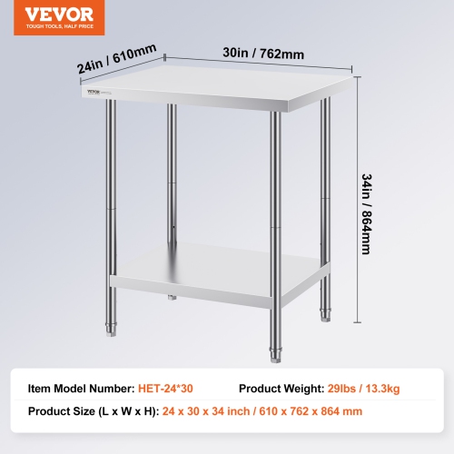 VEVOR 24 x 30 x 34 Inch Stainless Steel Prep Table, Heavy Duty Metal Worktable with 3 Adjustable Height Levels, Commercial Workstation for Kitchen