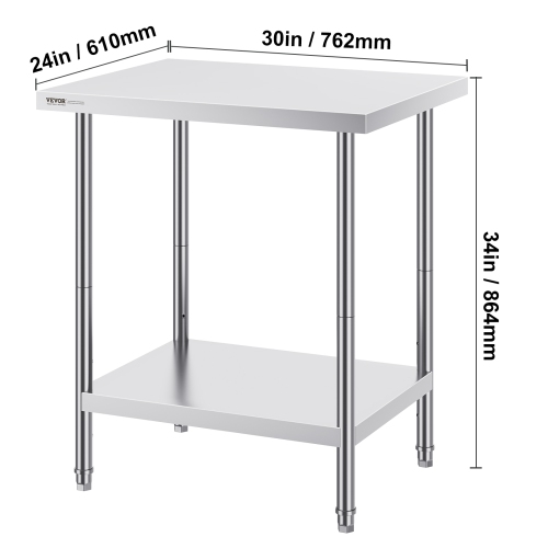 VEVOR 24 x 30 x 34 Inch Stainless Steel Prep Table, Heavy Duty Metal Worktable with 3 Adjustable Height Levels, Commercial Workstation for Kitchen