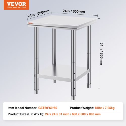 VEVOR 24 x 24 x 31 Inch Stainless Steel Prep Table, 700 lbs Load Capacity, Heavy Duty Metal Worktable with 3 Adjustable Height Levels,Commercial