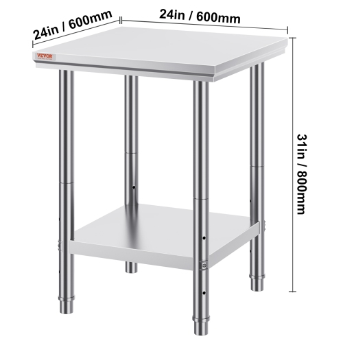 VEVOR 24 x 24 x 31 Inch Stainless Steel Prep Table, 700 lbs Load Capacity, Heavy Duty Metal Worktable with 3 Adjustable Height Levels,Commercial