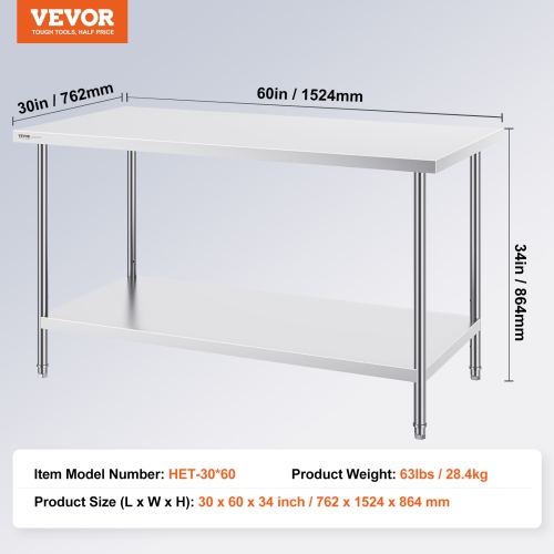 VEVOR 30 x 60 x 34 Inch Stainless Steel Prep Table, Heavy Duty Metal Worktable with 3 Adjustable Height Levels, Commercial Workstation for Kitchen