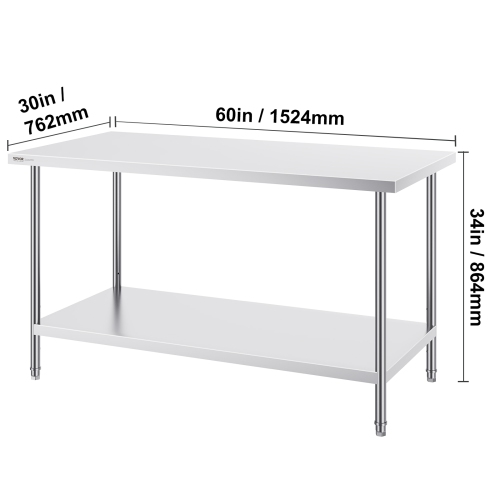 VEVOR 30 x 60 x 34 Inch Stainless Steel Prep Table, Heavy Duty Metal Worktable with 3 Adjustable Height Levels, Commercial Workstation for Kitchen