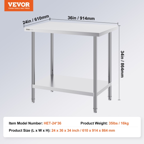 VEVOR 24 x 36 x 34 Inch Stainless Steel Prep Table, Heavy Duty Metal Worktable with 3 Adjustable Height Levels, Commercial Workstation for Kitchen