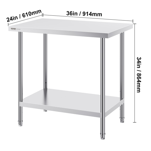 VEVOR 24 x 36 x 34 Inch Stainless Steel Prep Table, Heavy Duty Metal Worktable with 3 Adjustable Height Levels, Commercial Workstation for Kitchen