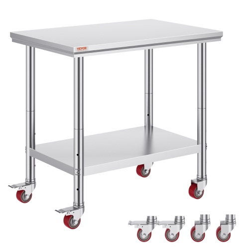 VEVOR 35 x 24 x 33 Inch Stainless Steel Work Table ,700 LBS Load Capacity with 4 Wheels, 3 Adjustable Height Levels, Heavy Duty Food Prep Worktable