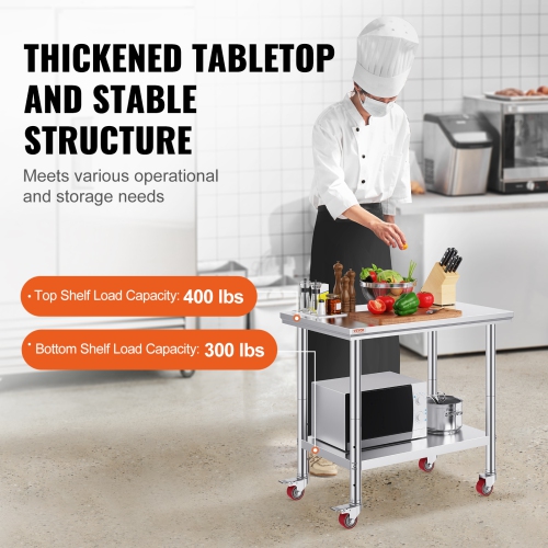 VEVOR 35 x 24 x 33 Inch Stainless Steel Work Table ,700 LBS Load Capacity with 4 Wheels, 3 Adjustable Height Levels, Heavy Duty Food Prep Worktable