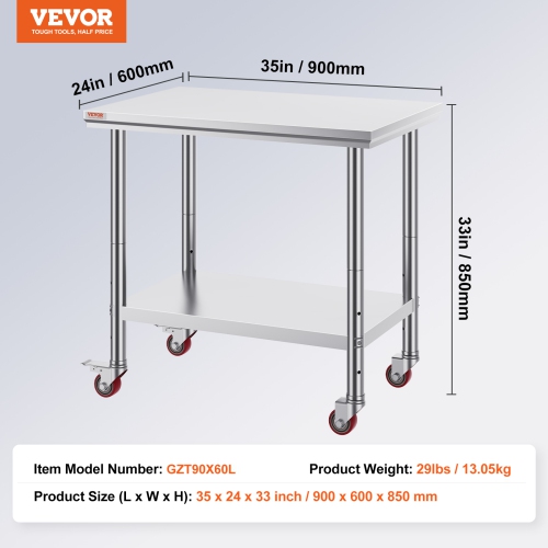 VEVOR 35 x 24 x 33 Inch Stainless Steel Work Table ,700 LBS Load Capacity with 4 Wheels, 3 Adjustable Height Levels, Heavy Duty Food Prep Worktable