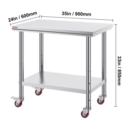 VEVOR 35 x 24 x 33 Inch Stainless Steel Work Table ,700 LBS Load Capacity with 4 Wheels, 3 Adjustable Height Levels, Heavy Duty Food Prep Worktable