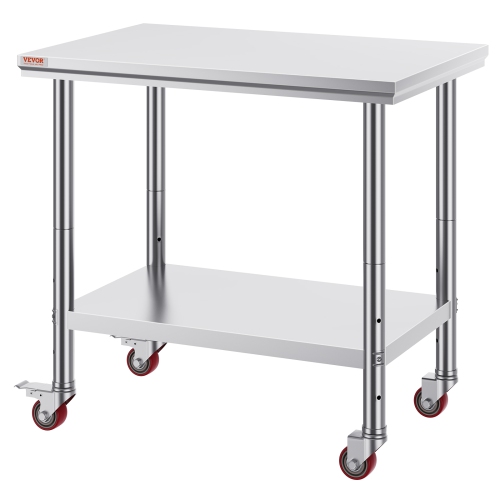 VEVOR 35 x 24 x 33 Inch Stainless Steel Work Table ,700 LBS Load Capacity with 4 Wheels, 3 Adjustable Height Levels, Heavy Duty Food Prep Worktable