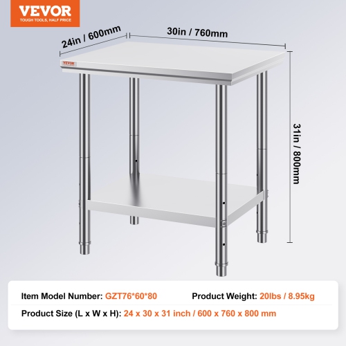 VEVOR 24 x 30 x 31 Inch Stainless Steel Prep Table, 700 lbs Load Capacity, Heavy Duty Metal Worktable with 3 Adjustable Height Levels, Commercial