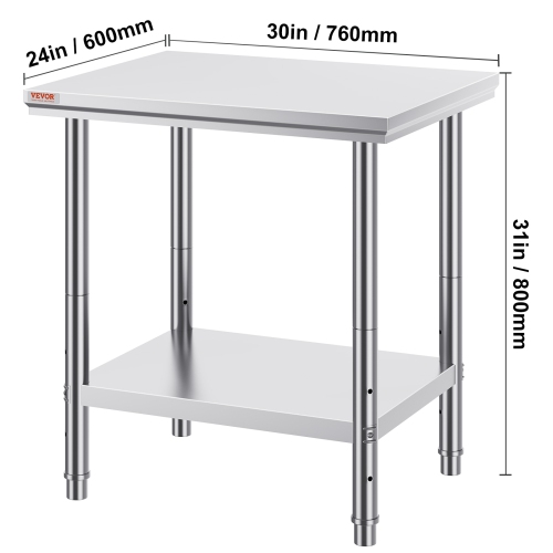 VEVOR 24 x 30 x 31 Inch Stainless Steel Prep Table, 700 lbs Load Capacity, Heavy Duty Metal Worktable with 3 Adjustable Height Levels, Commercial