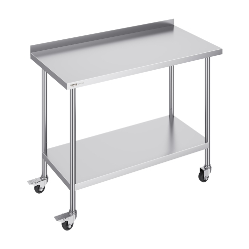 VEVOR 24 x 48 x 40 Inch Stainless Steel Work Table, Commercial Food Prep Worktable with Casters, Heavy Duty Prep Worktable, Metal Work Table with