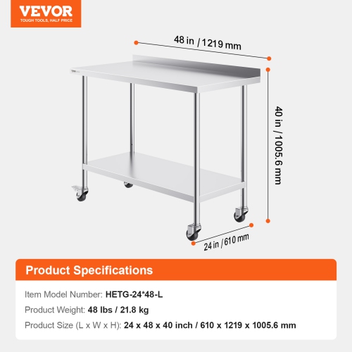 VEVOR 24 x 48 x 40 Inch Stainless Steel Work Table, Commercial Food Prep Worktable with Casters, Heavy Duty Prep Worktable, Metal Work Table with