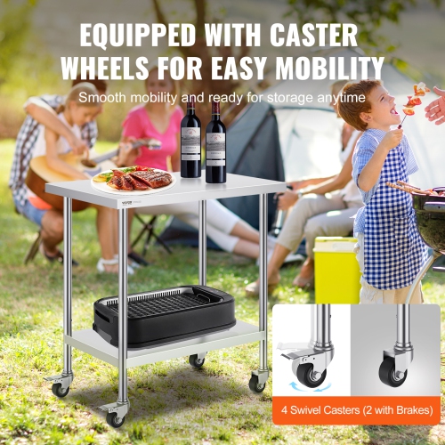Table de travail en acier inoxydable VEVOR 24 x 36 x 38&nbsp;po avec 4 roulettes, 3 niveaux de hauteur réglables, table de préparation des aliments