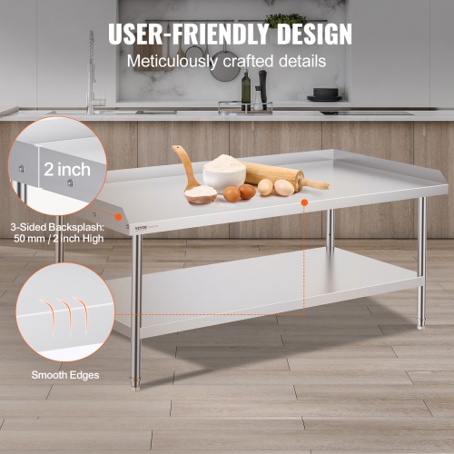 VEVOR 30 x 60 x 26 Inch Stainless Steel Work Table,Commercial Food Prep Worktable, 3-Sided Backsplash Heavy Duty Prep Worktable, Metal Work Table