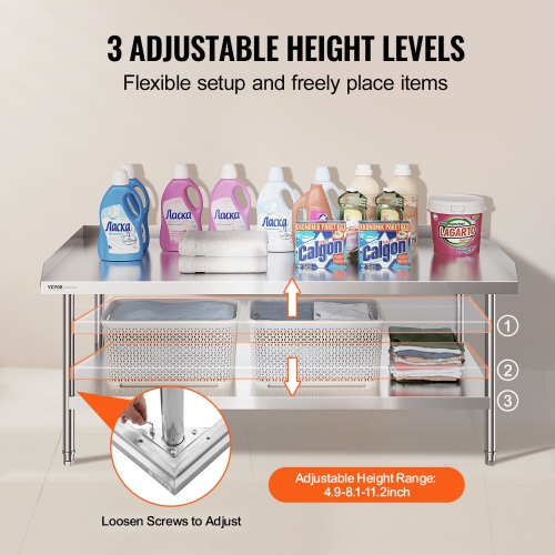 VEVOR 30 x 60 x 26 Inch Stainless Steel Work Table,Commercial Food Prep Worktable, 3-Sided Backsplash Heavy Duty Prep Worktable, Metal Work Table