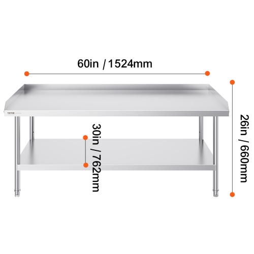VEVOR 30 x 60 x 26 Inch Stainless Steel Work Table,Commercial Food Prep Worktable, 3-Sided Backsplash Heavy Duty Prep Worktable, Metal Work Table