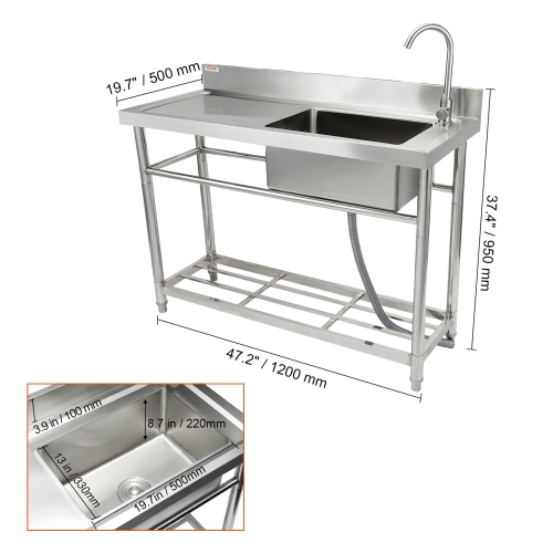 VEVOR 47.2 x 19.7 x 37.4 in Stainless Steel Utility Sink, Free Standing Small Sink w/Workbench Faucet & legs, 1 Compartment Commercial Single Bowl