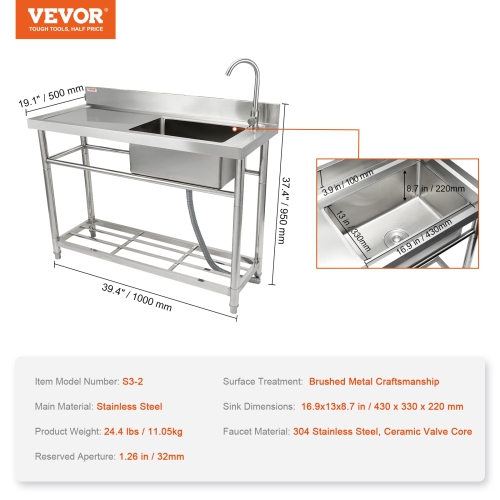 VEVOR 39.4 x 19.1 x 37.4 in Stainless Steel Utility Sink, Free Standing Single Bowl Commercial Kitchen Sink Set w/Workbench, Commercial Single Bowl