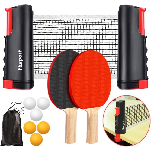 Ping Pong Paddle Set with Retractable Net and Backpack for Any Table, Table Tennis Racket Set for Indoor/Outdoor, Black