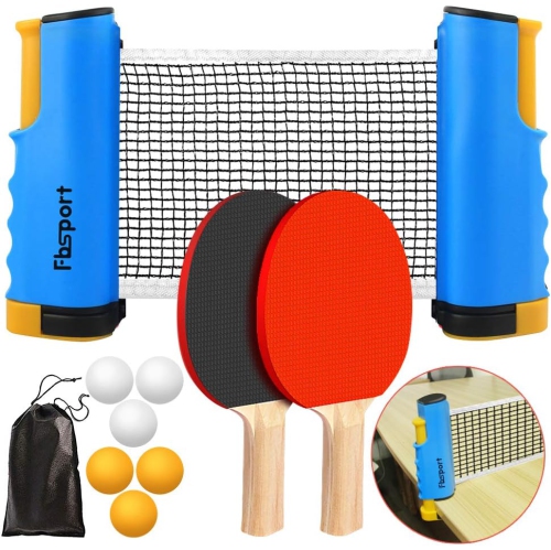 Ping Pong Paddle Set with Retractable Net and Backpack for Any Table, Table Tennis Racket Set for Indoor/Outdoor, Blue