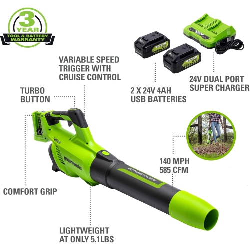 Greenworks 2 x 24V Brushless Axial Leaf Blower (140 MPH / 585 CFM), (2) 4Ah USB Batteries and Dual Port Charger Included, Green