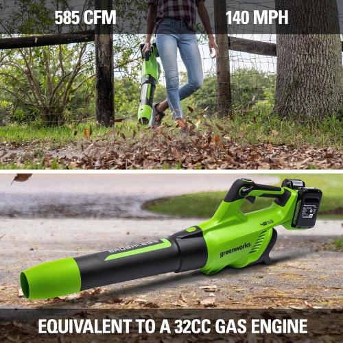 Greenworks 2 x 24V Brushless Axial Leaf Blower (140 MPH / 585 CFM), (2) 4Ah USB Batteries and Dual Port Charger Included, Green